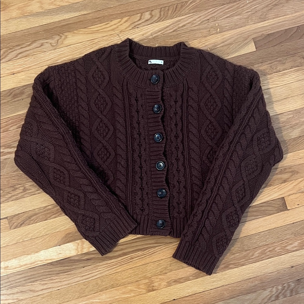 Uncle Studios Classic Cable Knit Button-Front Sweater Cardigan - Brown